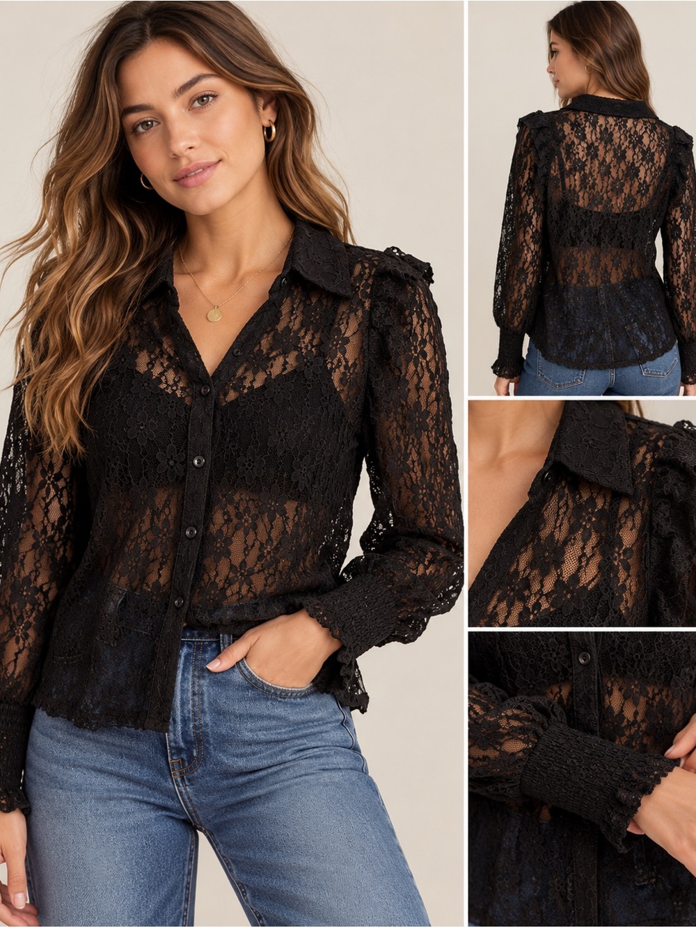 Amber Shu Black Lace Sheer Button Front Blouse Dark Romantic Fairy Goth M